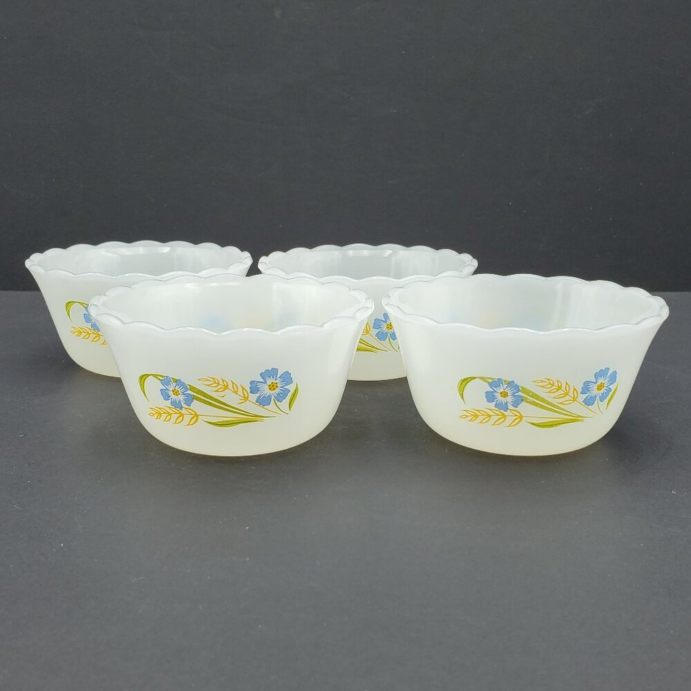 Fire King Forget Me Not Custard Cups White Milk Glass Blue Flowers Berry Bowls